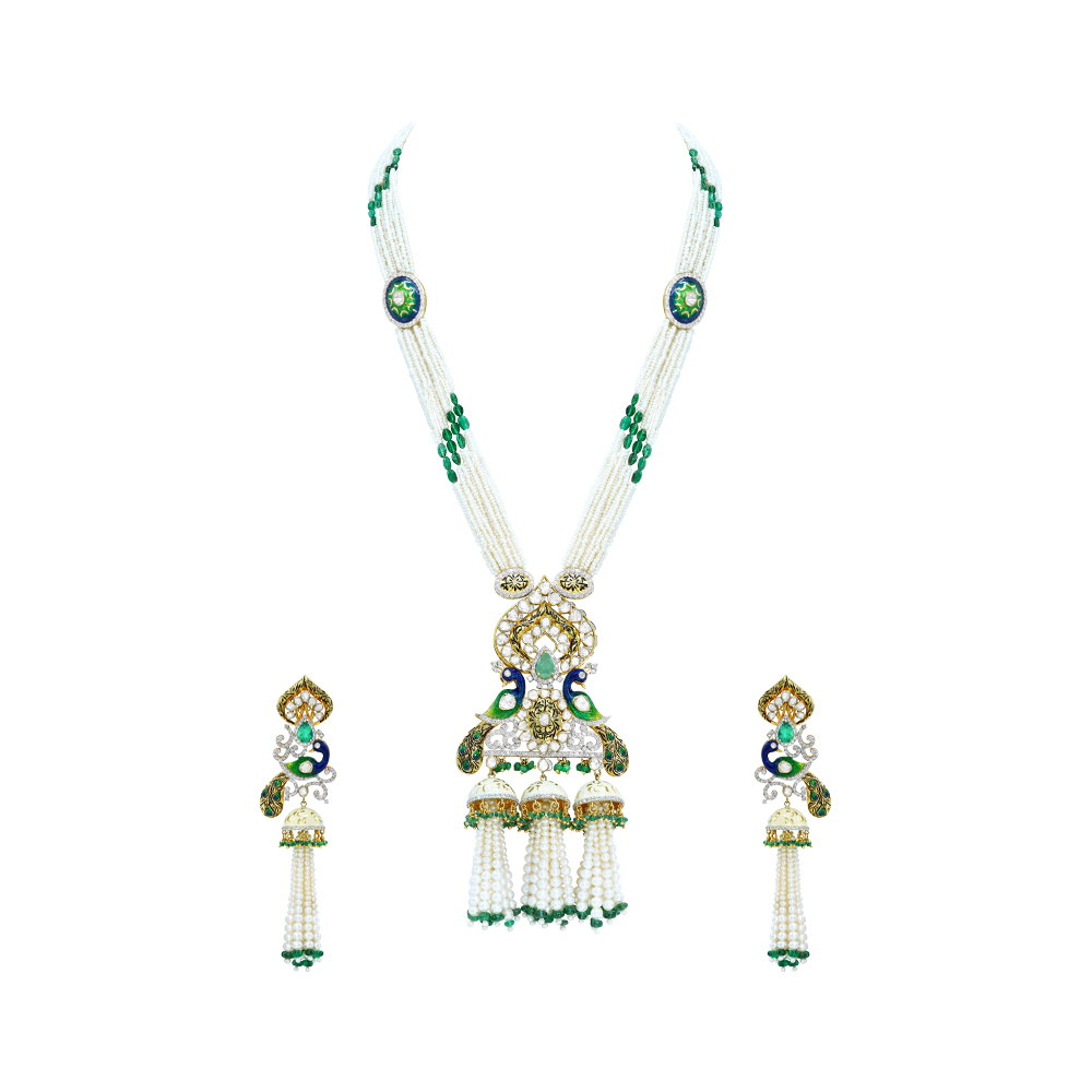Pearl and Emerald Necklace Set with Polki and Peacock Motifs